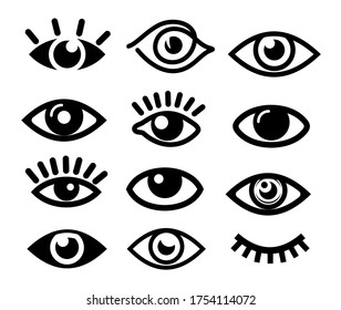 Set of abstract eye icon. Graphic symbol for logo design or information objects. Vision black and white shapes. Vector illustration. Isolated on white background.