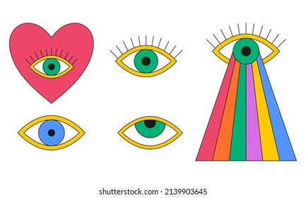 A set with abstract eyes, with a heart, with a rainbow. Signs, symbols of the 80s, 90s. A color vector illustration with an outline, isolated on a white background