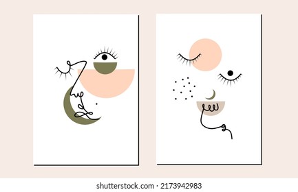 Set of abstract face art figure wall art. One line drawing abstract face modern poster. One line women face aesthetic poster collection.