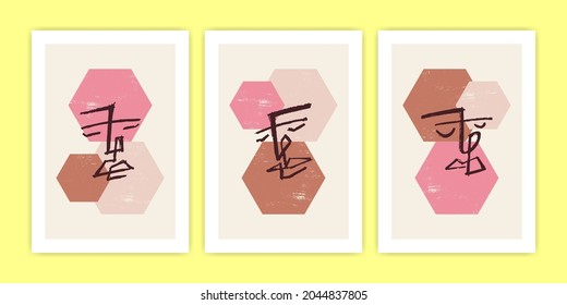 Set of Abstract Face with Beehive Shape Poster Illustration.