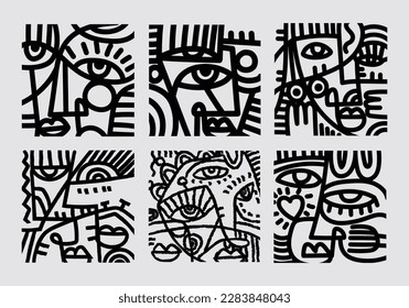 Set of abstract face hand drawing, line, black and white cubism art style vector illustration.