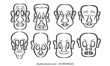 set of abstract face illustrations in black and white line art style. vector design features exaggerated facial expressions, ideal for posters, tattoos, or graphic projects