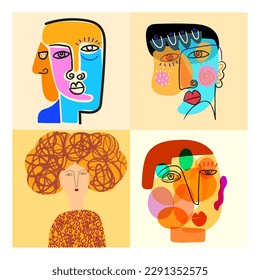 Set of abstract face line art vintage hand drawn vector illustration background.
