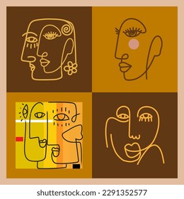 Set of abstract face line art vintage hand drawn vector illustration background.