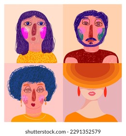 Set of abstract face line art vintage hand drawn vector illustration background.