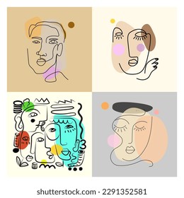Conjunto de fondo de ilustración vintage de la vintage de la línea facial abstracta dibujada a mano.