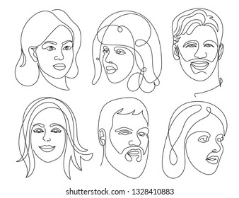 Set of abstract face one line drawing. Portrait Man and woman minimalist style. Vector illustration. Isolated on white background.