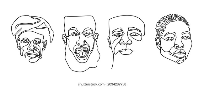 Set abstract face one line drawing. abstract modern continuous line art. isolated stylish print. vector