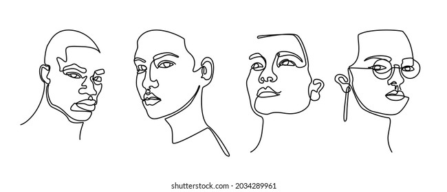 Set abstract face one line drawing. abstract modern continuous line art. isolated stylish print. vector