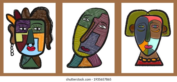 set of abstract face painting. hand drawn cubism face for wall art, t-shirt and poster design.