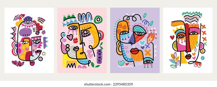 Set of abstract face people colorful decorative line art vector illustration.