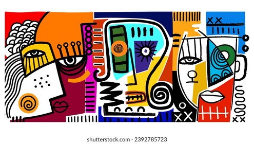 Set of abstract face portrait geometric, decorative colorful hand drawn vector illustration art print design. Trendy contemporary, shapes, line art, aesthetic.