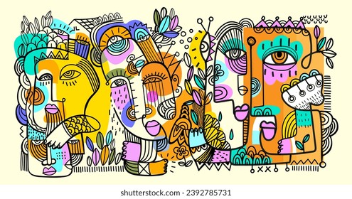 Conjunto de imagen abstracta de la cara de la imagen geométrica, decorativa, de color ilustrado a mano con ilustraciones de arte diseño de impresión. Moderno, contemporáneo, de formas, de líneas, estético.
