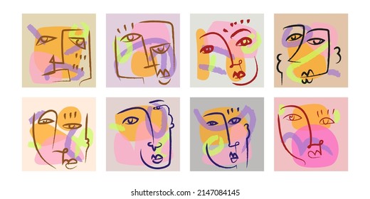Set of abstract face portrait hand drawing, colorful,shapes vector illustration. Contemporary design, cubism, decorative, line art.