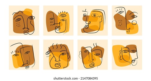 Set of abstract face portrait hand drawing, colorful,shapes vector illustration. Contemporary design, cubism, decorative, line art.