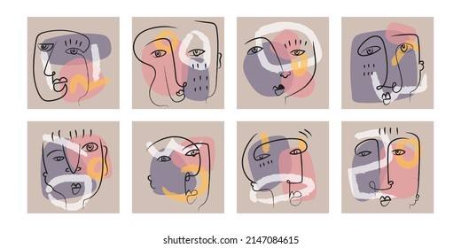 Set of abstract face portrait hand drawing, colorful,shapes vector illustration. Contemporary design, cubism, decorative, line art.