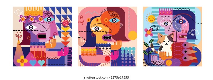 Set of abstract face portrait hand drawn vector illustration design.