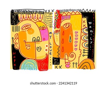 Set of abstract face portrait line art vector illustration background.