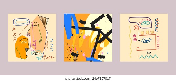 Conjunto de cara abstracta línea de retrato arte garabato dibujado a mano pared arte fondo Ilustración vectorial. Arte cubista, estética decorativa.