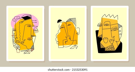 A set of abstract face portrait  man,woman,person character vector illustration. Contemporary trendy modern. Hand drawing,line ,shapes,color, isolated on background.