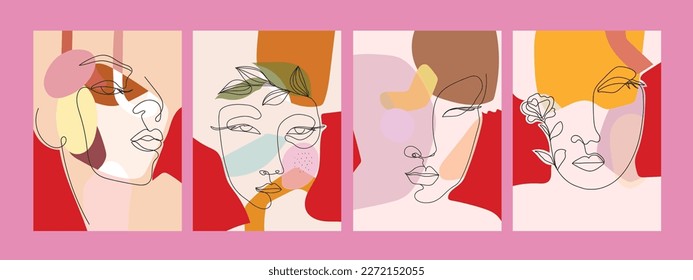 Conjunto de retratos de la cara abstracta de la gente ilustraciones vectoriales de líneas dibujadas a mano.