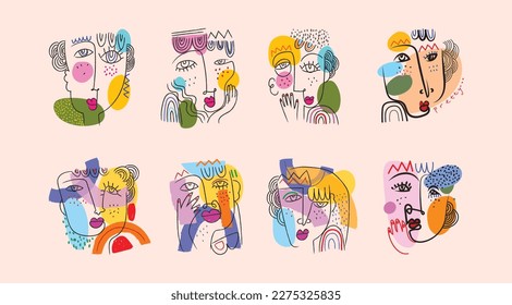 Set of abstract face portrait people shapes, line hand drawn vector illustration design.