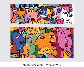 Set von abstrakten Gesichtsporträts geometrische, Formen, Doodle , dekorative handgezeichnete Vektorillustration Wandkunst. Kubismus männlich und weiblich Porträt Ästhetisches Design für Poster, Cover, Druck und Dekoration.