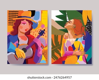 Set of abstract face portraits geometric, shapes, doodle , decorative hand drawn vector illustration wall art. Cubism male and female portrait aesthetic design for poster, cover, print and decoration.