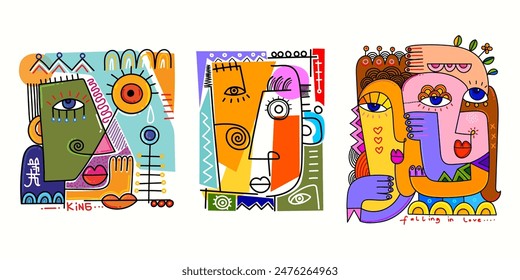 Set von abstrakten Gesichtsporträts geometrische, Formen, Doodle , dekorative handgezeichnete Vektorillustration Wandkunst. Kubismus männlich und weiblich Porträt Ästhetisches Design für Poster, Cover, Druck und Dekoration.