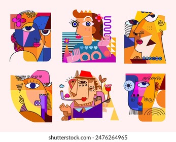 Set of abstract face portraits geometric, shapes, doodle , decorative hand drawn vector illustration wall art. Cubism male and female portrait aesthetic design for poster, cover, print and decoration.
