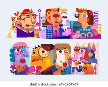 Set of abstract face portraits geometric, shapes, doodle , decorative hand drawn vector illustration wall art. Cubism male and female portrait aesthetic design for poster, cover, print and decoration.