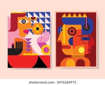 Set of abstract face portraits geometric, shapes, doodle , decorative hand drawn vector illustration wall art. Cubism male and female portrait aesthetic design for poster, cover, print and decoration.