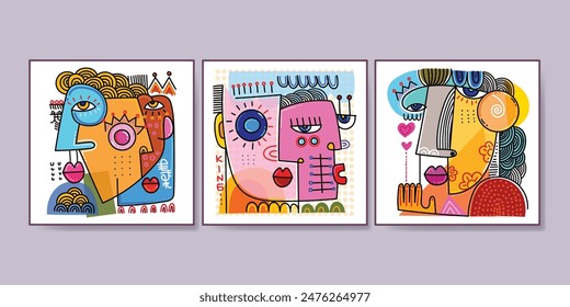 Set of abstract face portraits geometric, shapes, doodle , decorative hand drawn vector illustration wall art. Cubism male and female portrait aesthetic design for poster, cover, print and decoration.