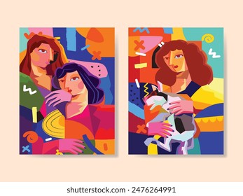 Conjunto de retratos abstractos de la cara geométrica, Formas, garabato, arte decorativo dibujado a mano de la pared de la Ilustración vectorial.