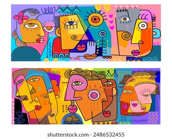 Set of abstract face portraits geometric, shapes, doodle , decorative hand drawn vector illustration wall art. Cubism male and female portrait aesthetic design for poster, cover.