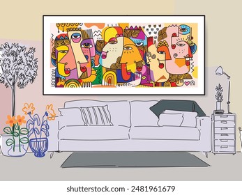 Set of abstract face portraits, shapes, doodle , decorative hand drawn vector illustration wall art. Cubism male and female portrait aesthetic design for poster, cover, decoration, home decor.