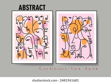 Set of abstract face portraits, shapes, doodle , decorative hand drawn vector illustration wall art. Cubism male and female portrait aesthetic design for poster, cover, decoration, home decor.