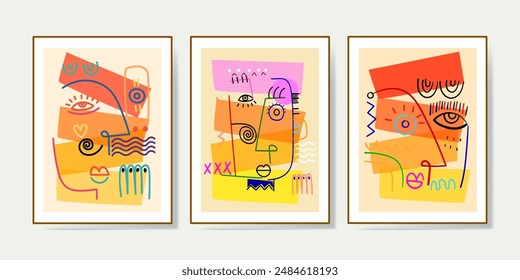 Set von abstrakten Gesichtsporträts, Formen, Doodle , dekorative handgezeichnete Vektorillustration Wandkunst. Kubismus Männlich und Weiblich Porträt Ästhetisches Design für Poster, Cover, Dekoration,