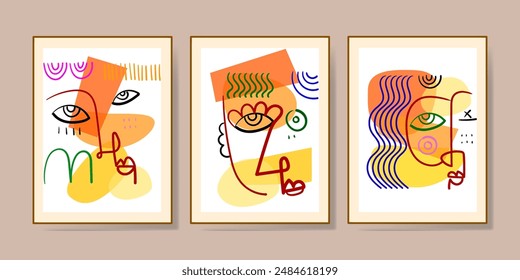 Set von abstrakten Gesichtsporträts, Formen, Doodle , dekorative handgezeichnete Vektorillustration Wandkunst. Kubismus Männlich und Weiblich Porträt Ästhetisches Design für Poster, Cover, Dekoration,