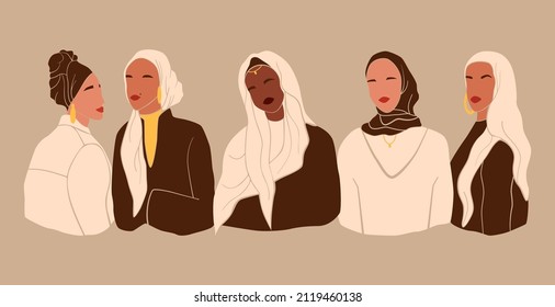 Set abstract faceless hijab women in modern minimal style.Collection of diversity muslim girls. Trendy vector illustration.