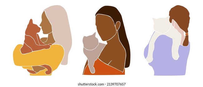 Set of abstract faceless woman holding cute cat. Silhouette of adorable pet owners and cute pets. Women with lovely kitties in hands. Fashion paper cut elements. Aesthetic Vector illustration