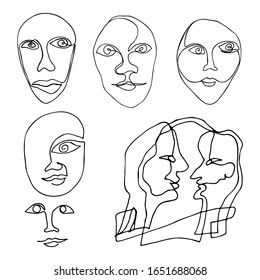 Set of abstract faces drawn in doodle style. Hand-drawn linear image for business, web, logo, fashion.
