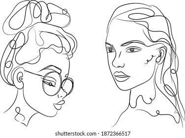 A set of abstract faces. Modern female silhouettes. Continuous line, minimalistic concept.