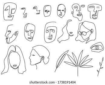 Set of abstract faces. One line drawing. Lineart. Vector faces