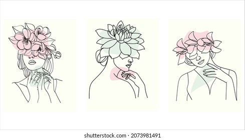 Set of abstract faces templates with flowers one line vector drawing. Portraits in a minimalist style. Botanical print. Cosmetics nature symbol. Modern continuous line art. Fashionable print. Beaty sa