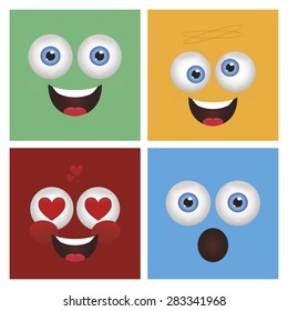 Set of abstract facial expressions on colored backgrounds. Vector illustration