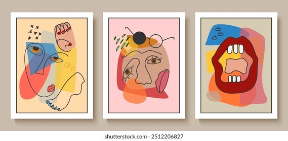 Um conjunto de pessoas faciais abstratas com uma ilustração vetorial de linha decorativa colorida.