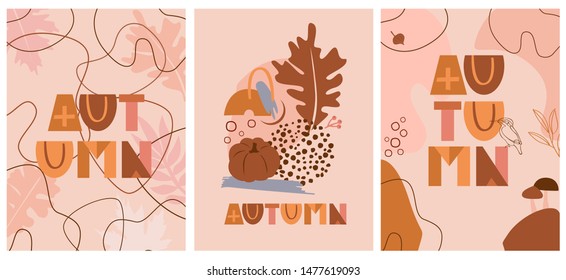 Set of abstract fall posters with autumn elements, shapes and plants in one line style. Background for mobile app page minimalistic style. Vector illustration