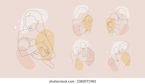 Conjunto de siluetas familiares abstractas. Mamá feliz besando a su bebé recién nacido. Arte de una línea. Ilustración vectorial minimalista en puntos de color. Madre e hijo en un estilo lineal.