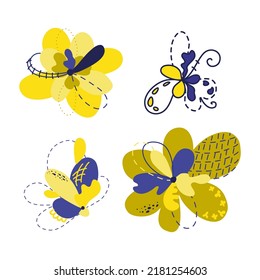 Set of abstract fantasy flowers blue and yellow color. Isolated vector image.